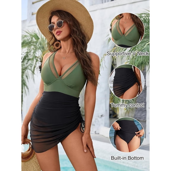 LYMAYTER Women One-Piece Swimsuit Fold Pull Rope Swimwear Sheer Sarong Wraps Bathing Suit for S-3XL
