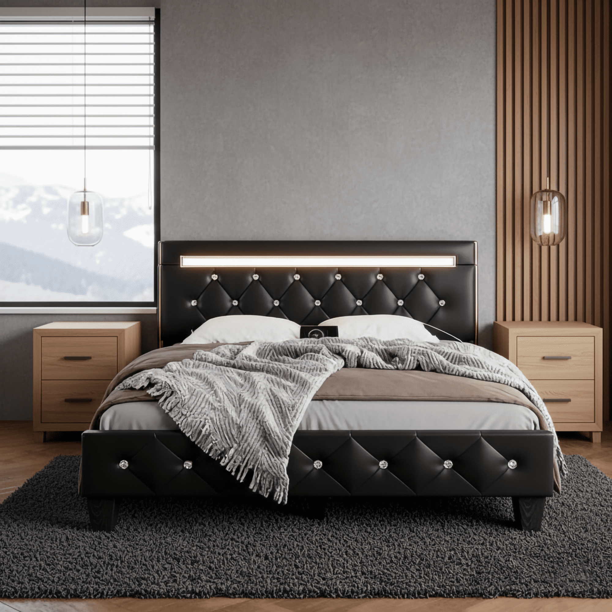 BSHTI Queen Size Faux Leather Upholstered Bed Frame with LED Lights, Adjustable Diamond Headboard, Charging Station for Bedroom(Black)