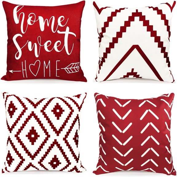 Decorative Throw Pillow Covers 20x20 Inch Wine Red Pillow Covers for Couch Sofa Living Room Bedroom,Farmhouse Outdoor Throw Pillow Cover,Modern Geometric Linen Square Throw Pillow Case Set of 4