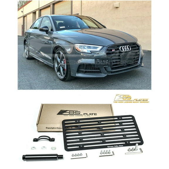 EOS Version 2 Full Sized Front Bumper Tow Hook License Plate Relocator Mount Bracket For 15-2020 Audi A3 & S3 2015 2016 2017 15 16 17 8V