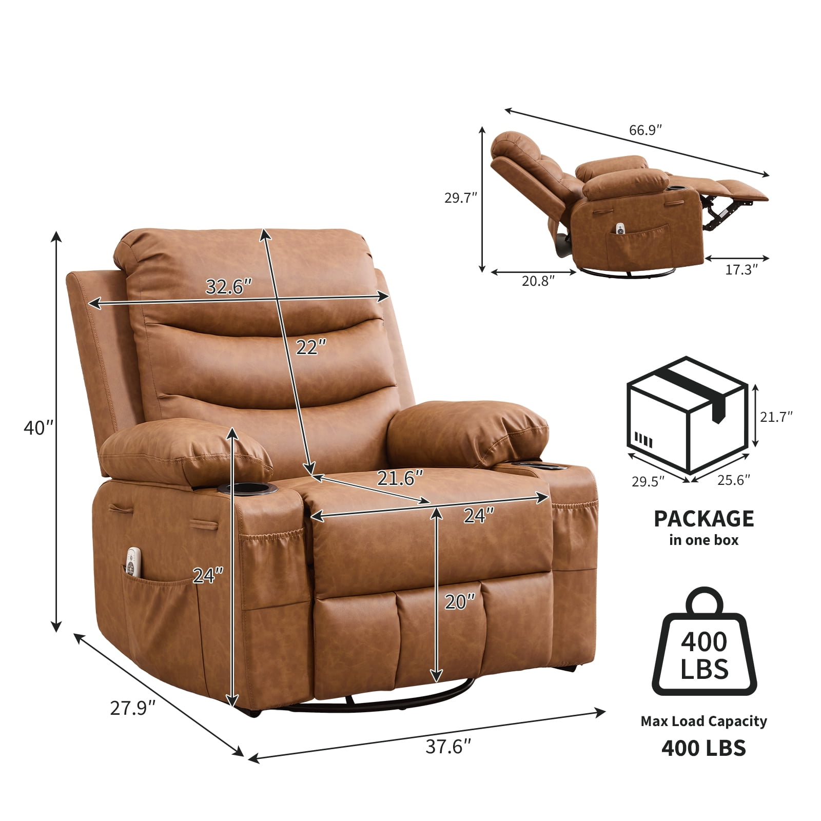 Oversized Recliner Chair for Living Room - Manual Rocking & 360° Swivel Glider - Massage & Heat - Cup Holder - Comfortable Accent Lounge Chair for Adults, Nursery, Bedroom