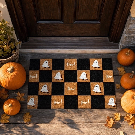 STIJGGN Halloween Ghost Boo Checkered Coir Rug, 23"×15" Fall Outdoor Front Door Decor Mat, Washable Hand-Woven Rug for Layered Doormat, Autumn Halloween Thanksgiving Carpet for Porch, Entryway
