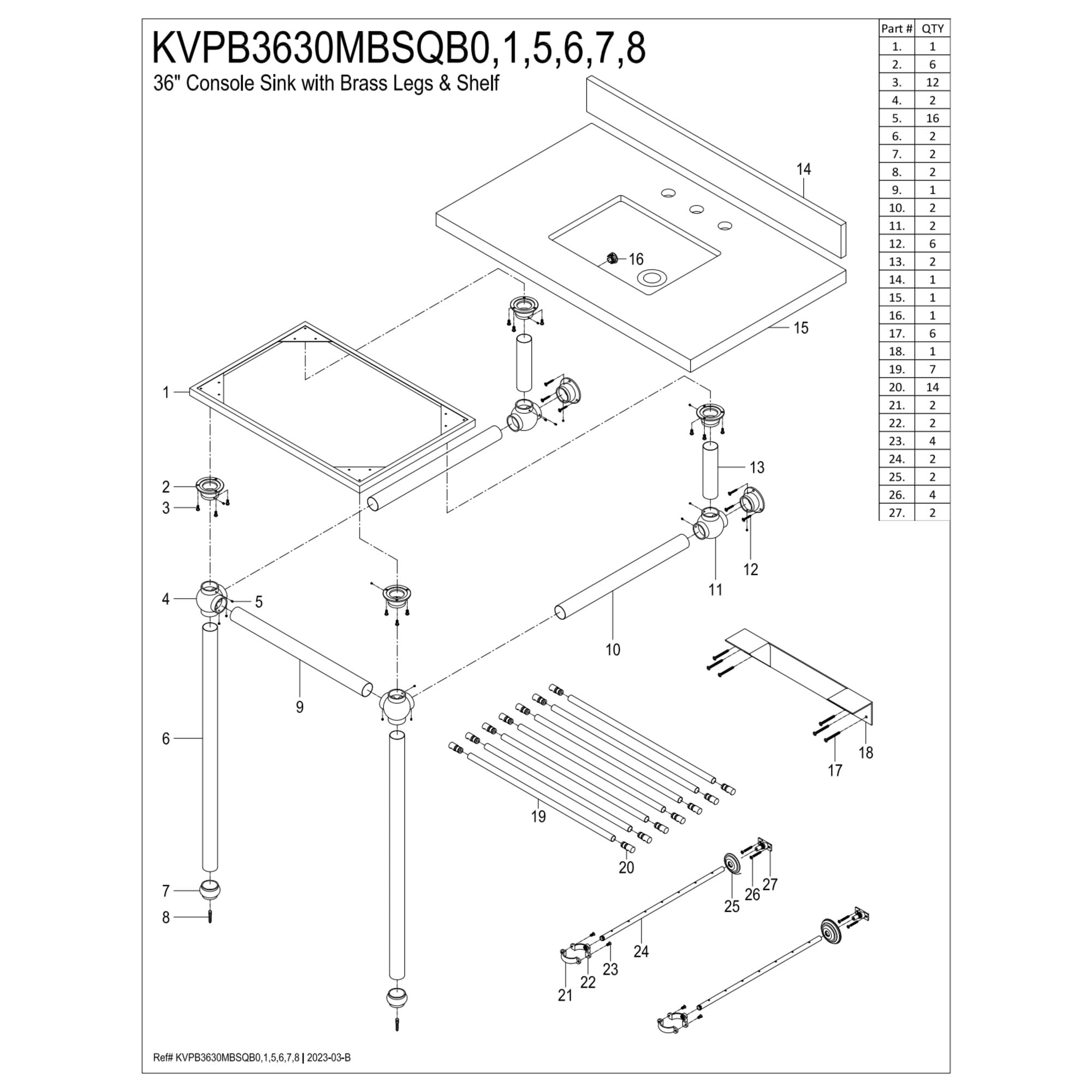 Kingston Brass KVPB3630MBSQB1 Templeton 36" Rectangular Brass, Marble Console Bathroom