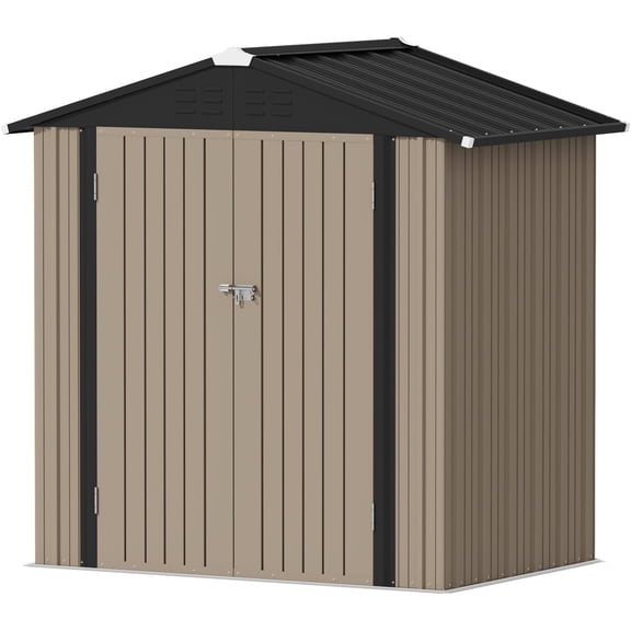 6x4 FT Outdoor Storage Shed, Brown | Metal Tool Sheds, Lockable Door, Sloping Roof, Utility Garden Shed for Lawn Backyard Patio