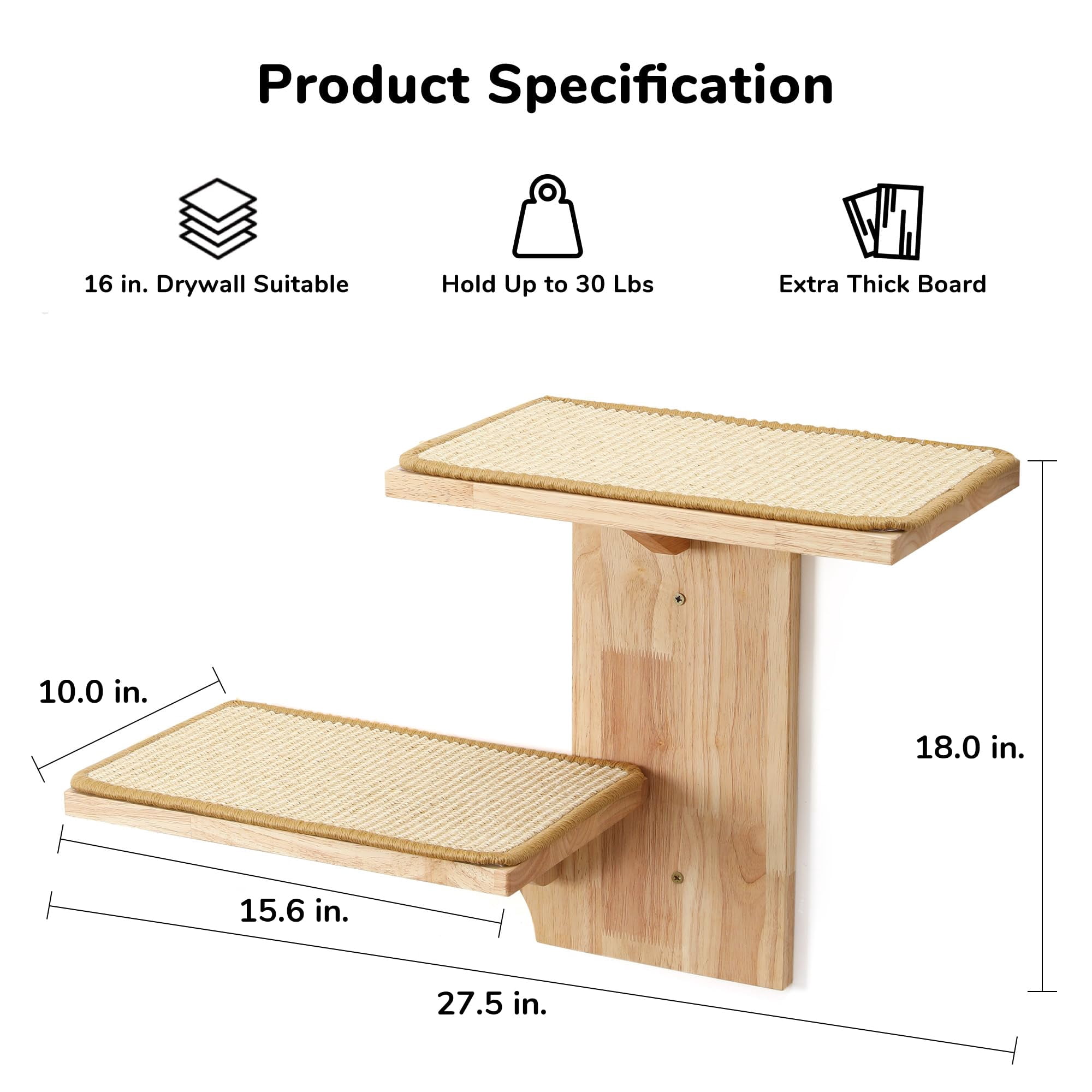 Cat Wall-mounted Floating Shelves With Sisal Mat, Tree Shape Solid Rubber Wood Cat Perch