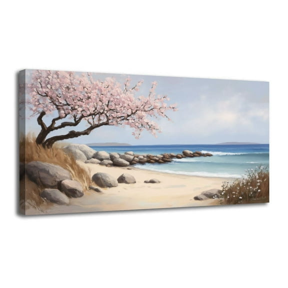 Canvas Wall Art Coastal Blue Ocean Beach Abstract Landscape Pink Floral Tree Cherry Wall Decor for Living Room Bathroom Bedroom Office 20" x 40" Art Paintings, Ready to Hang
