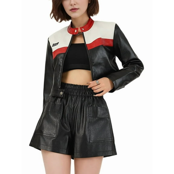 Female'S Faux Leather Jacket Y2K Cropped Jacket Mock Neck Long Sleeve Zipper Fall Outerwear Red M