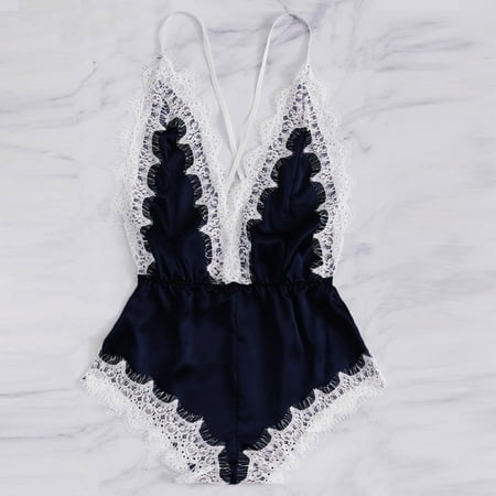 

Pxiakgy lingerie for women Fashion Sissy Women Lingerie Girl V-neck Lace Splice Bodysuit Sleepwear Blue + L