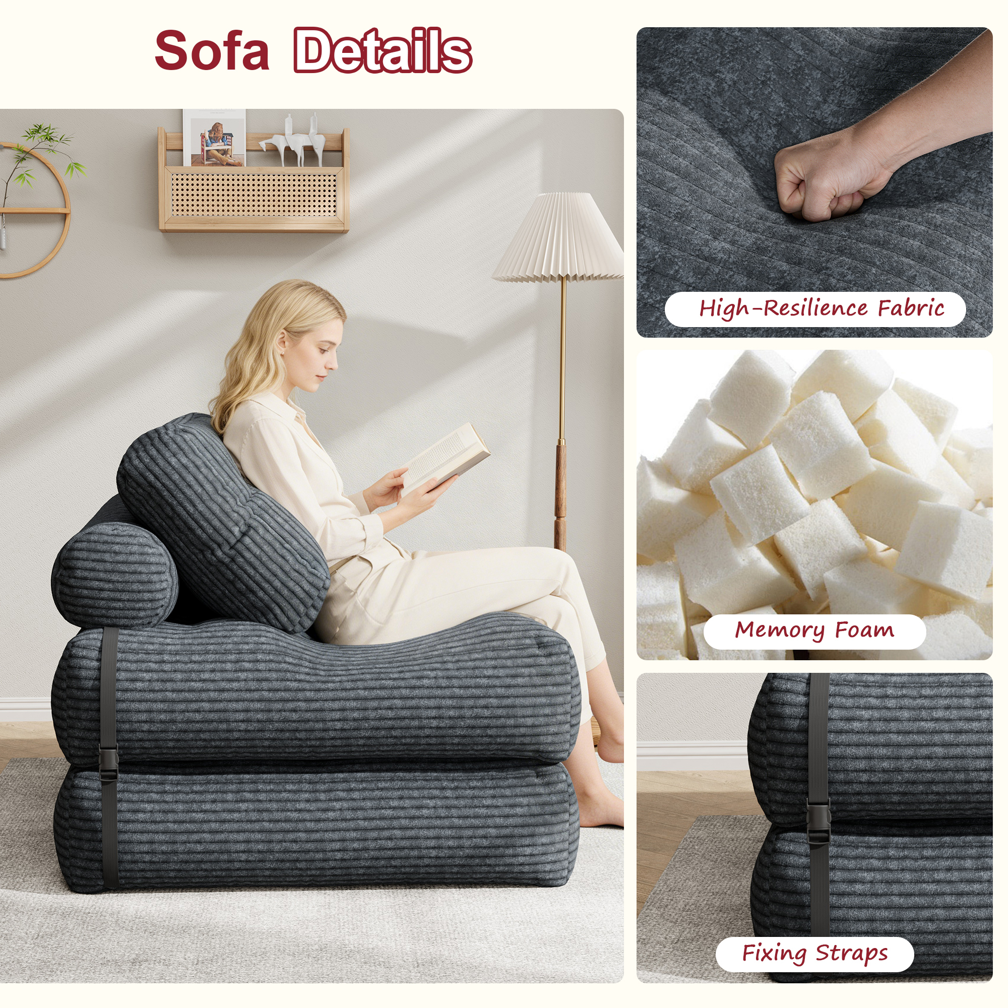 Mr Ironstone 3-in-1 Folding Sofa Bed with Pillow, Grey photo 3