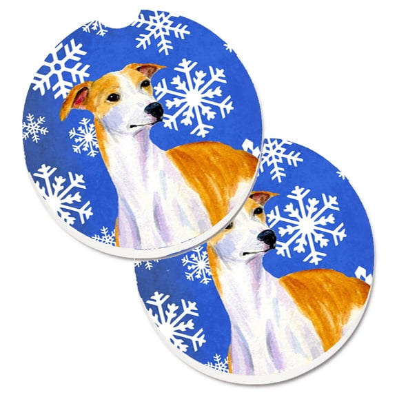 Whippet Winter Snowflakes Holiday Set of 2 Cup Holder Car Coasters