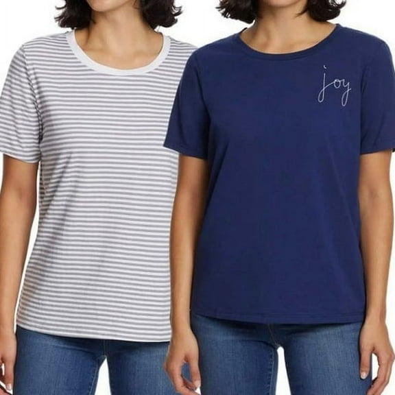 Ella Moss Women's Perfect Tee 2-pack (LT Grey/White Stripe & Mood Indigo Tee, X-Small)