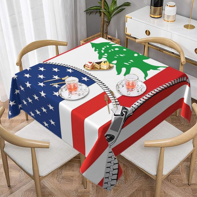 America Flag and Lebanese Flag Square Tablecloth Black, Stain & Wrinkle Resistant, Washable Polyester Table Cloth for Holiday, Buffet Parties, and Wedding