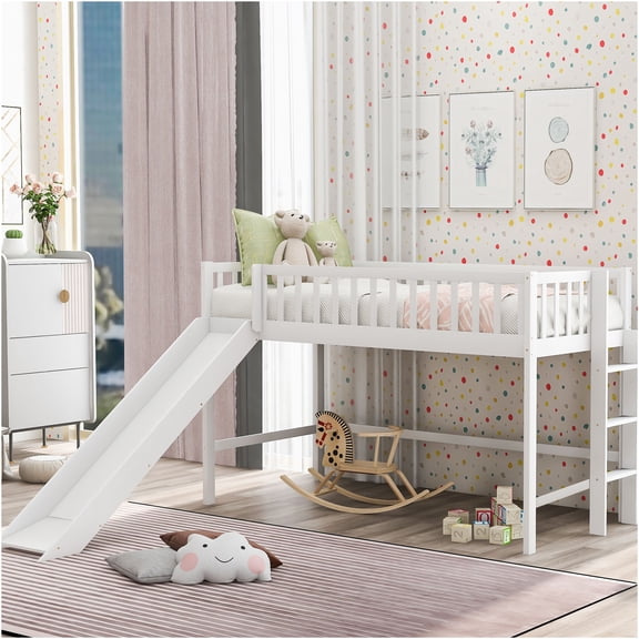 JERFIT Twin Low Loft Bed with Ladder, Slide, White