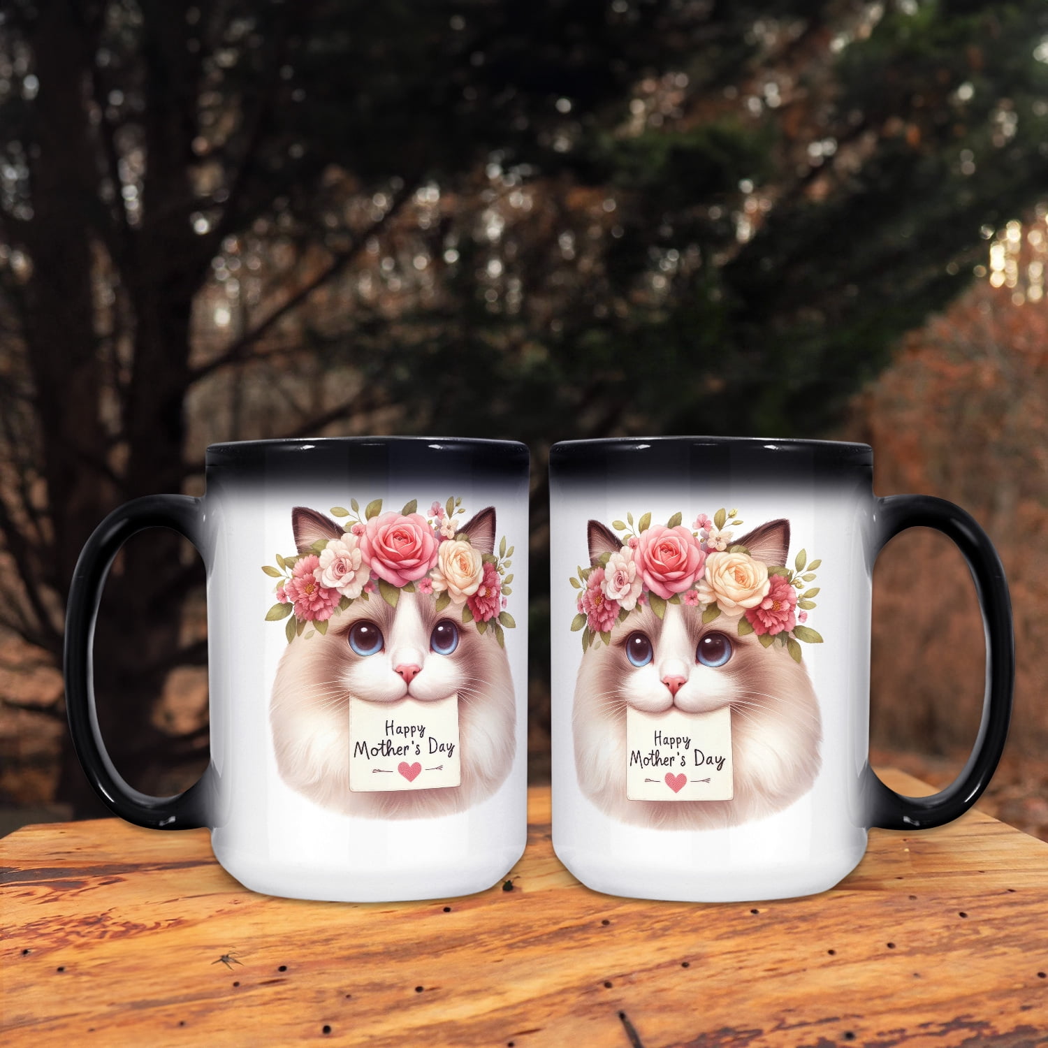 Happy Mother's Day Ragdoll with Flower Crown and Greeting Card Heat Color Changing Mug Cat Lover Kitten Owner Gifts Idea Magic Coffee Mug - 13004