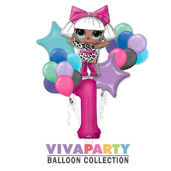 LOL Round Balloon Bouquet 18 pc, 1st Birthday, Hot Pink Number 1 Jumbo Balloon | Viva Party Balloon Collection
