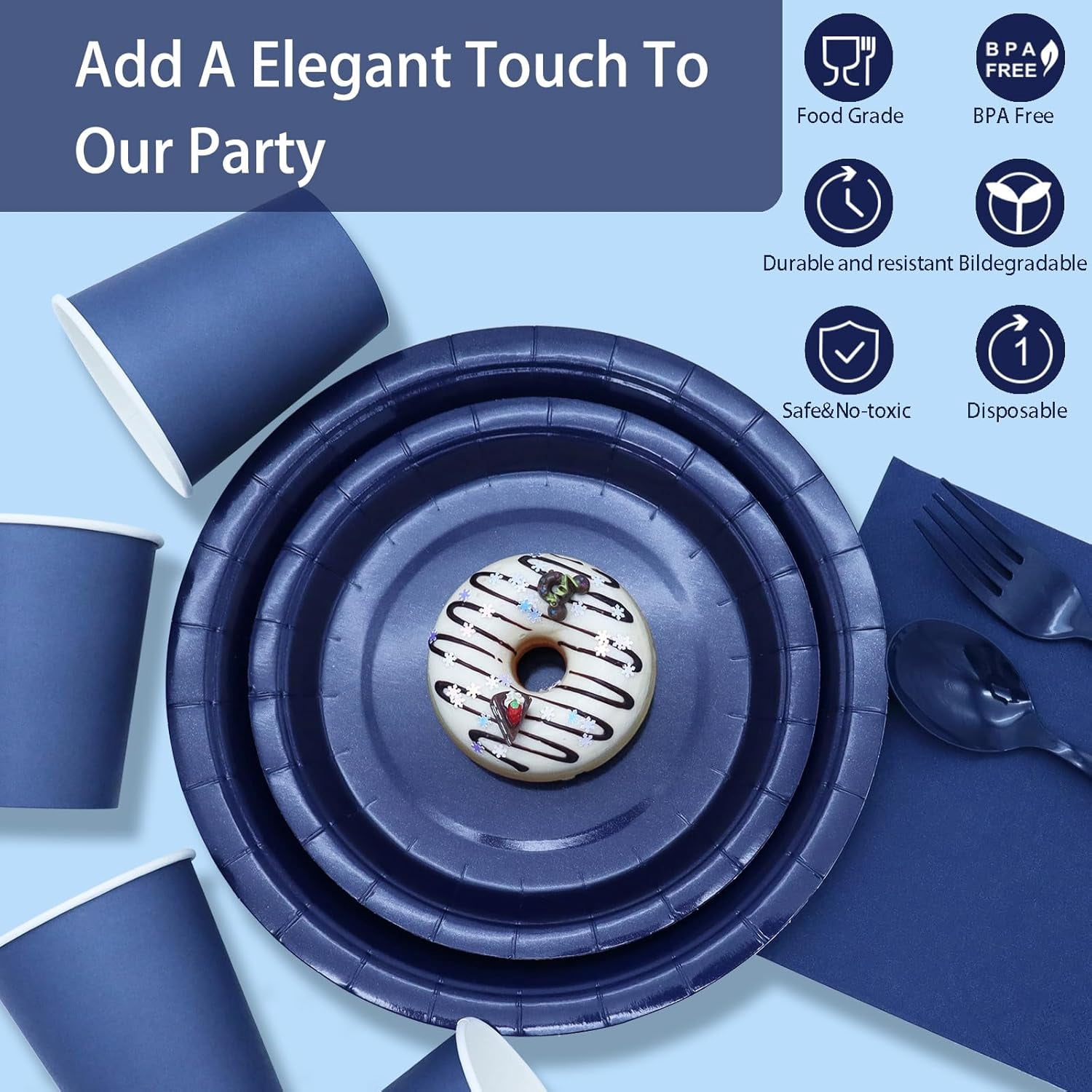 168Pcs Navy Blue Party Supplies for Navy Blue Party Decorations includes Paper Plates and Napkins Cups Utensils,Blue Disposable Plates Set for Boy Baptism Birthday Graduation Serve 24 Guests