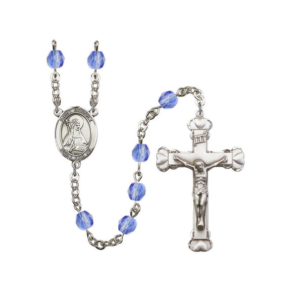 St. Bridget of Sweden Silver-Plated Rosary 6mm September Blue Fire Polished Beads Crucifix Size 1 5/8 x 1 medal charm