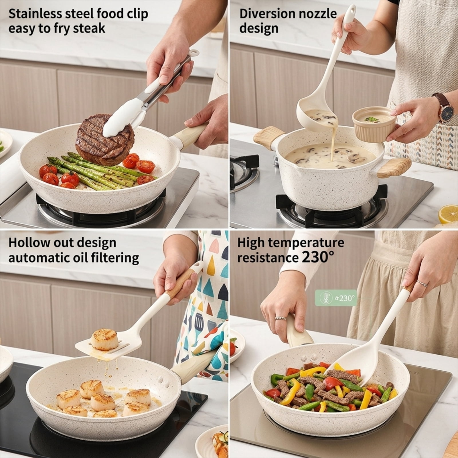 Fenbeli 13-Piece Silicone Kitchen Utensil Set with Wooden Handles, Heat-Resistant Nonstick Cooking Tools, Cream White