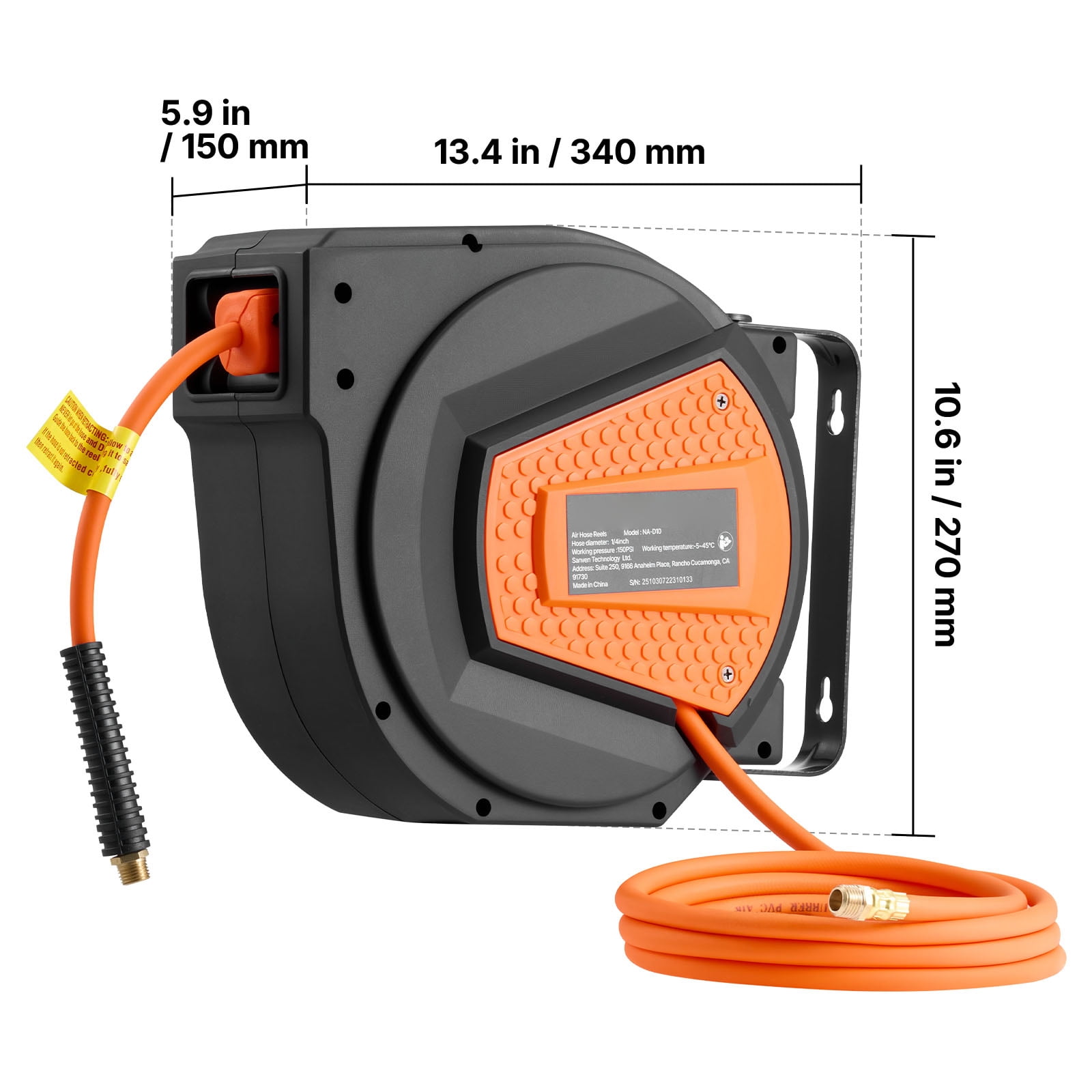 KFFKFF Retractable Air Hose Reel, 1/4 Inch x 50 FT Hybrid Hose, 300 PSI Max Pressure, Auto Rewind with 6.6 ft Lead-In Hose & Blow Gun, 180° Swivel Mount for Ceiling or Wall