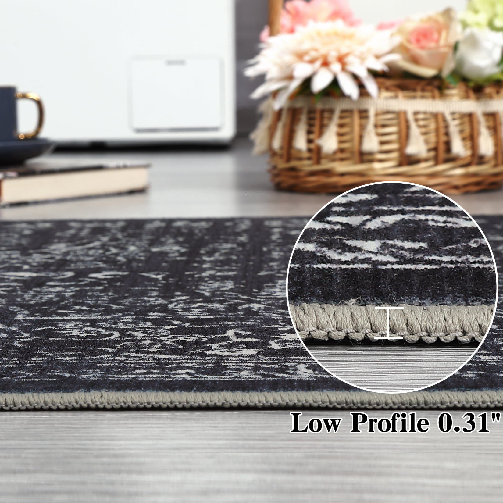 Hasoo 4' x 6' Area Rug for Living Room Boho Vintage Rug Non Slip Throw Rugs Floral Indoor Carpet, Black