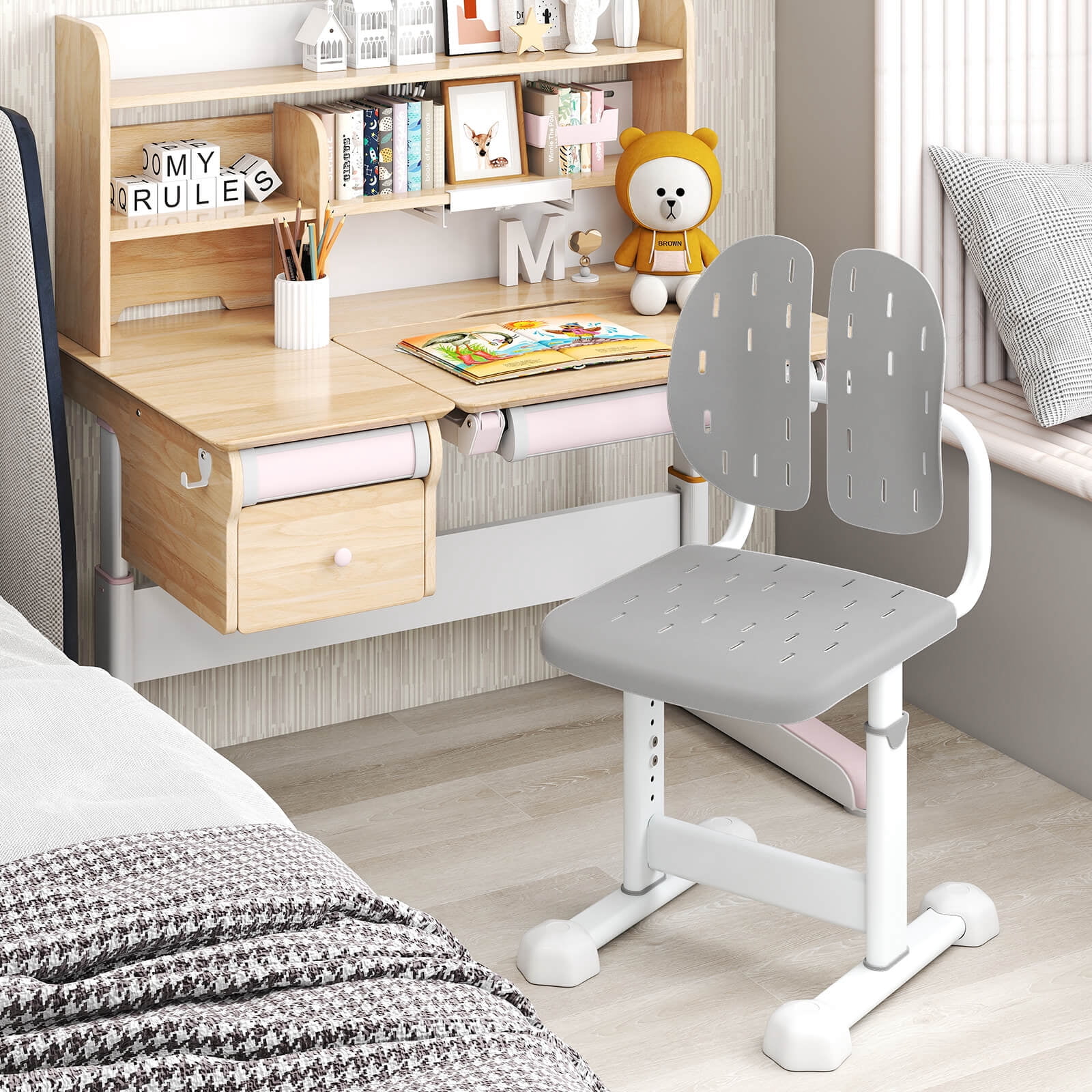 Costway Kids Desk Chair with Adaptive Double Backrest, Adjustable Height, Breathable Seat Gray