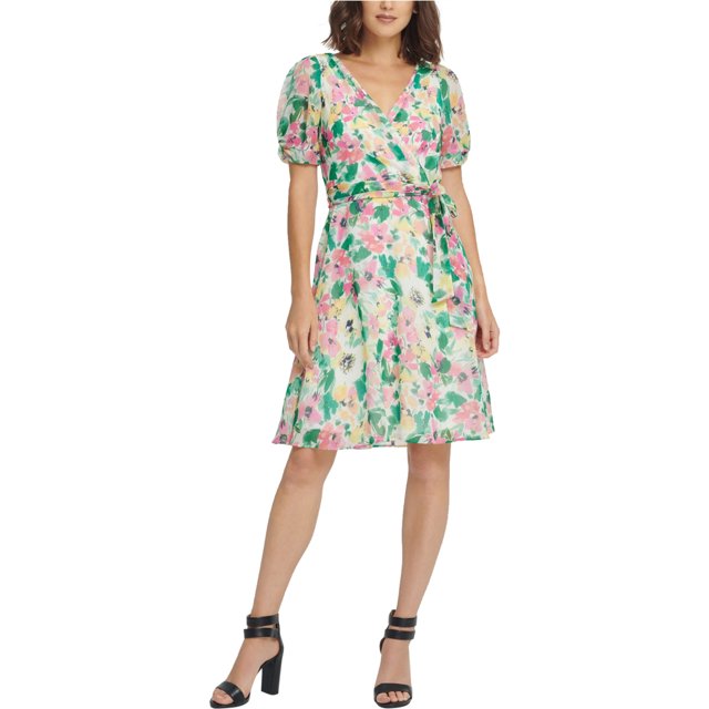 DKNY Vestido de sobrepelliz ajustado y acampanado con mangas abullonadas para mujer, multicolor, 10