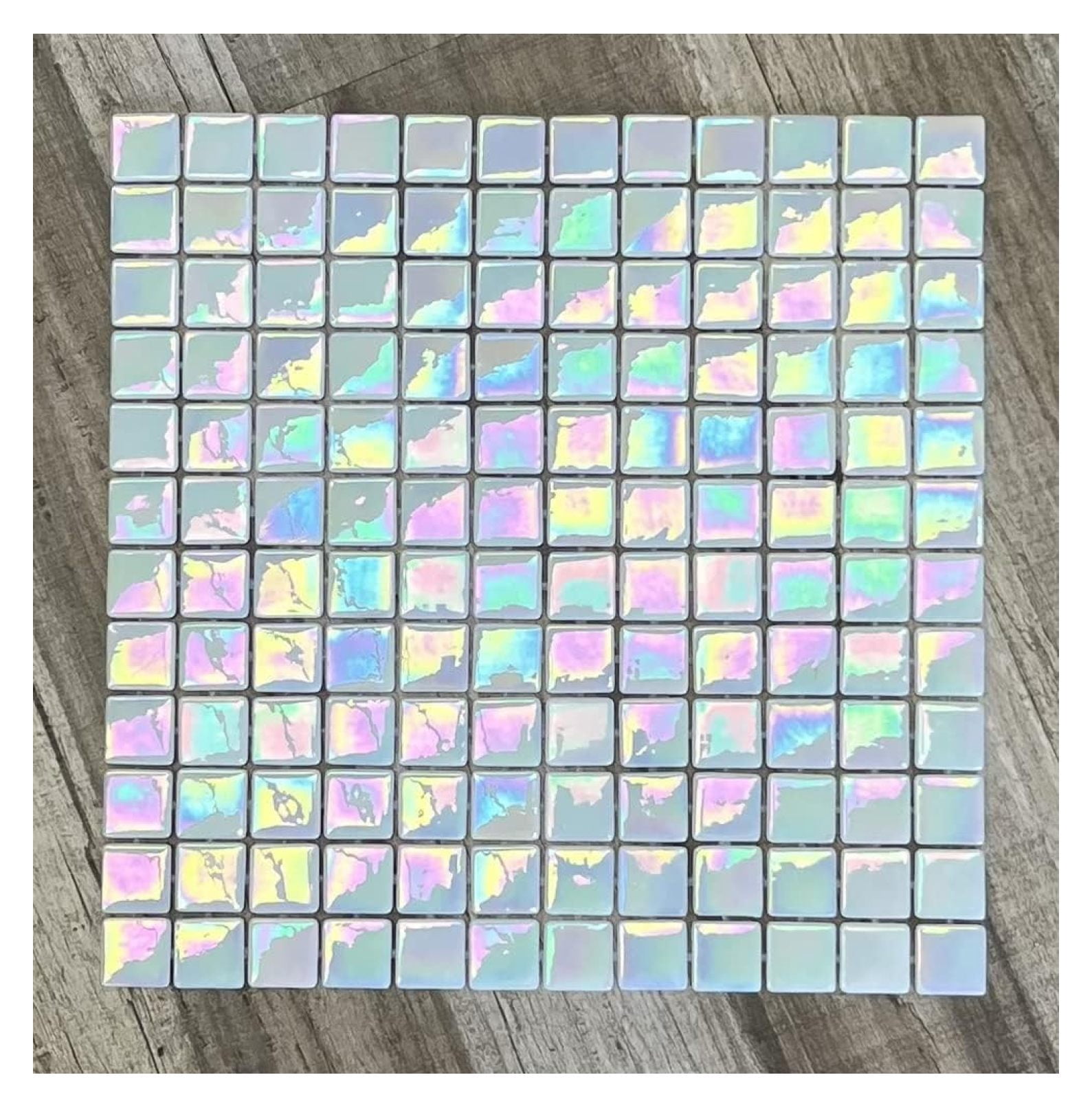 Square Iridescent Recycled Glass Mosaic Floor and Wall Tile for Kitchen Backsplash, Swimming Pool Tile, Bathroom Wall, Accent Wall, (Not Peel and Stick Tile) (1 Sheet, White)