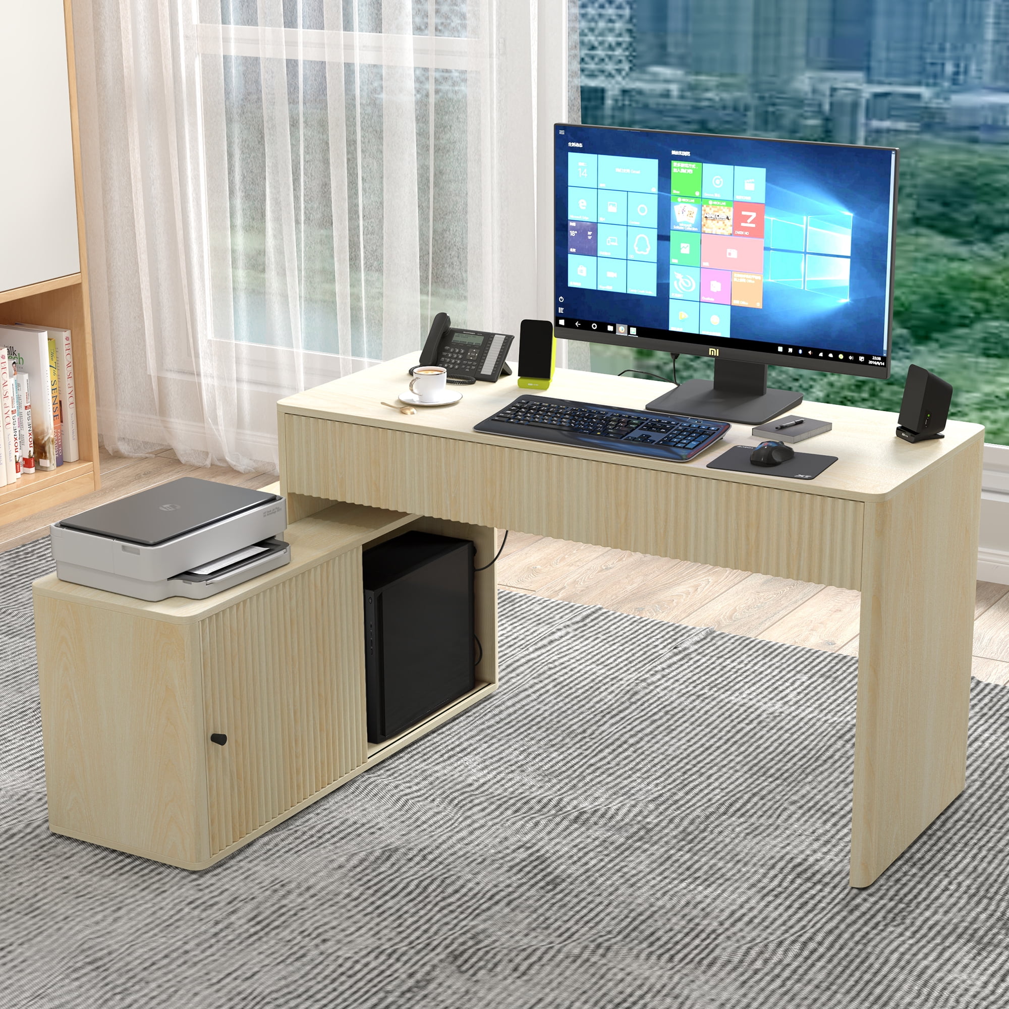 Wirrytor Modern L Shaped Desk with Storage, Corner Computer Desk with 2 Drawers and Sliding Door Cabinet, Home Office Desk for Small Spaces and Study Room, Sturdy Oak Finish Workstation