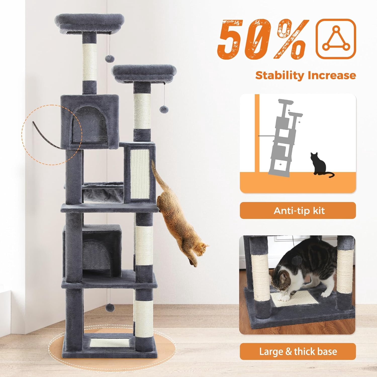 LEHOME 70 Inch Cat Tower, Tall Cat Tree with 2 Cozy Condos, 2 Plush Perch, Large Basket, 2 Scraching Pad & 6 Scraching Posts for Indoor Cats Large Adult, Dark Gray