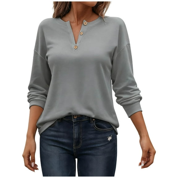 Women's Long Sleeve V-Neck Solid Color Decorative Button Collar Top Blouse Shirt for Casual Fashion
