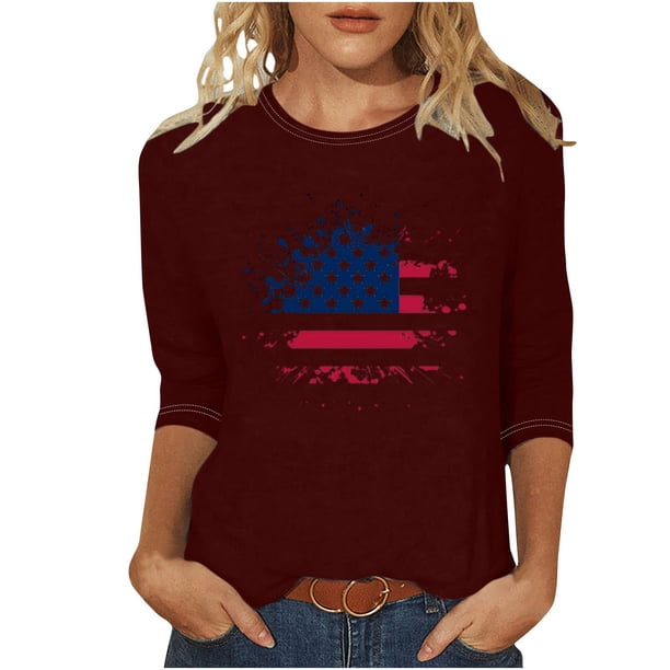 Camisetas de Manga Corta para las Mujeres Día de la Independencia Impreso Suelto Cuello Redondo Tee, Casual Y Blusas Festivas para las Mujeres Casual