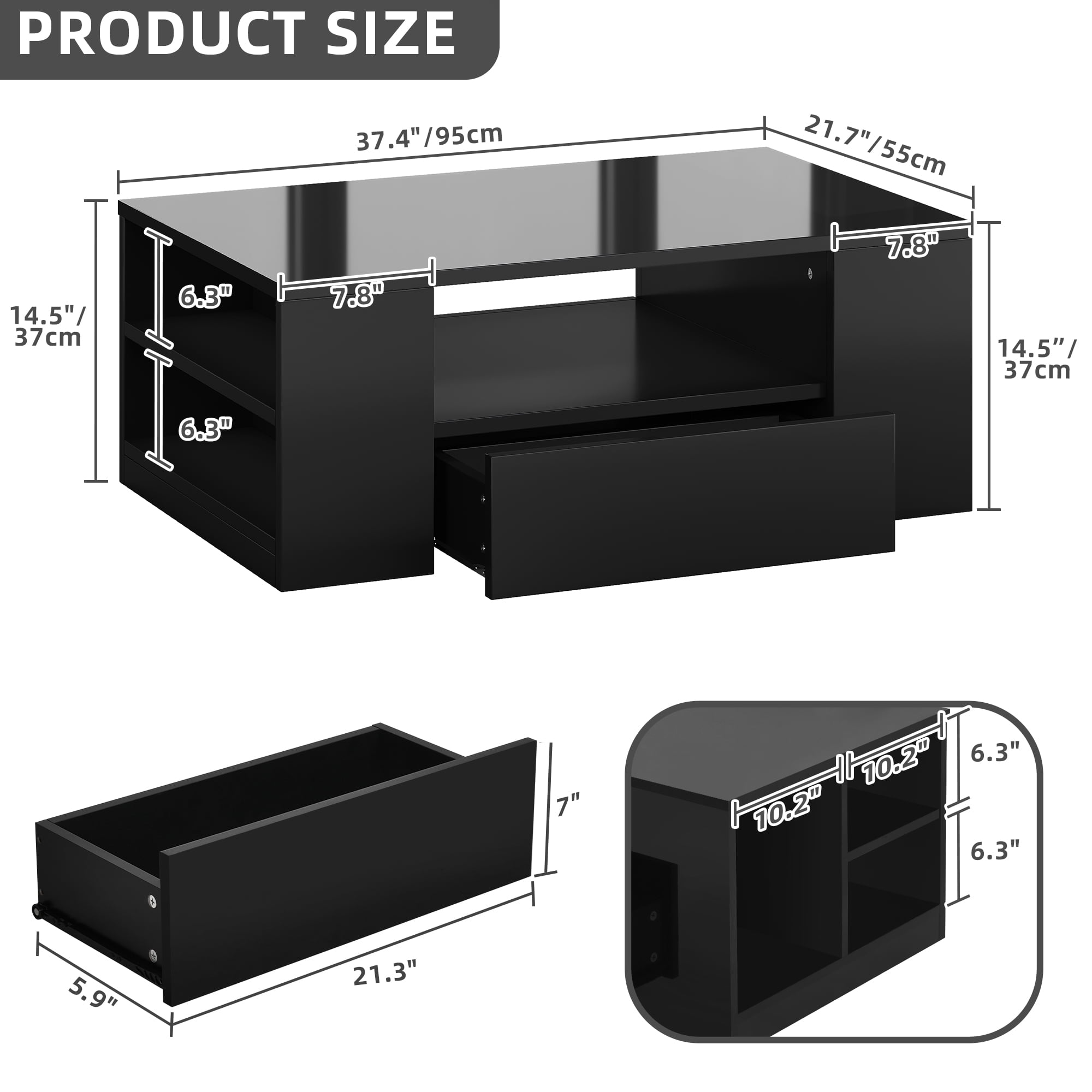 Uforic LED Coffee Tables High Glossy Center Table with 2 Sliding Drawers and Open Shelf, Black