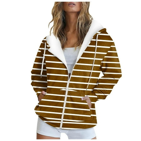 Huesdet Drawstring Sweatshirts for Women Print Blouse Hooded Sweatshirt Hoodie Zipper T Shirts University Casual(Brown L)