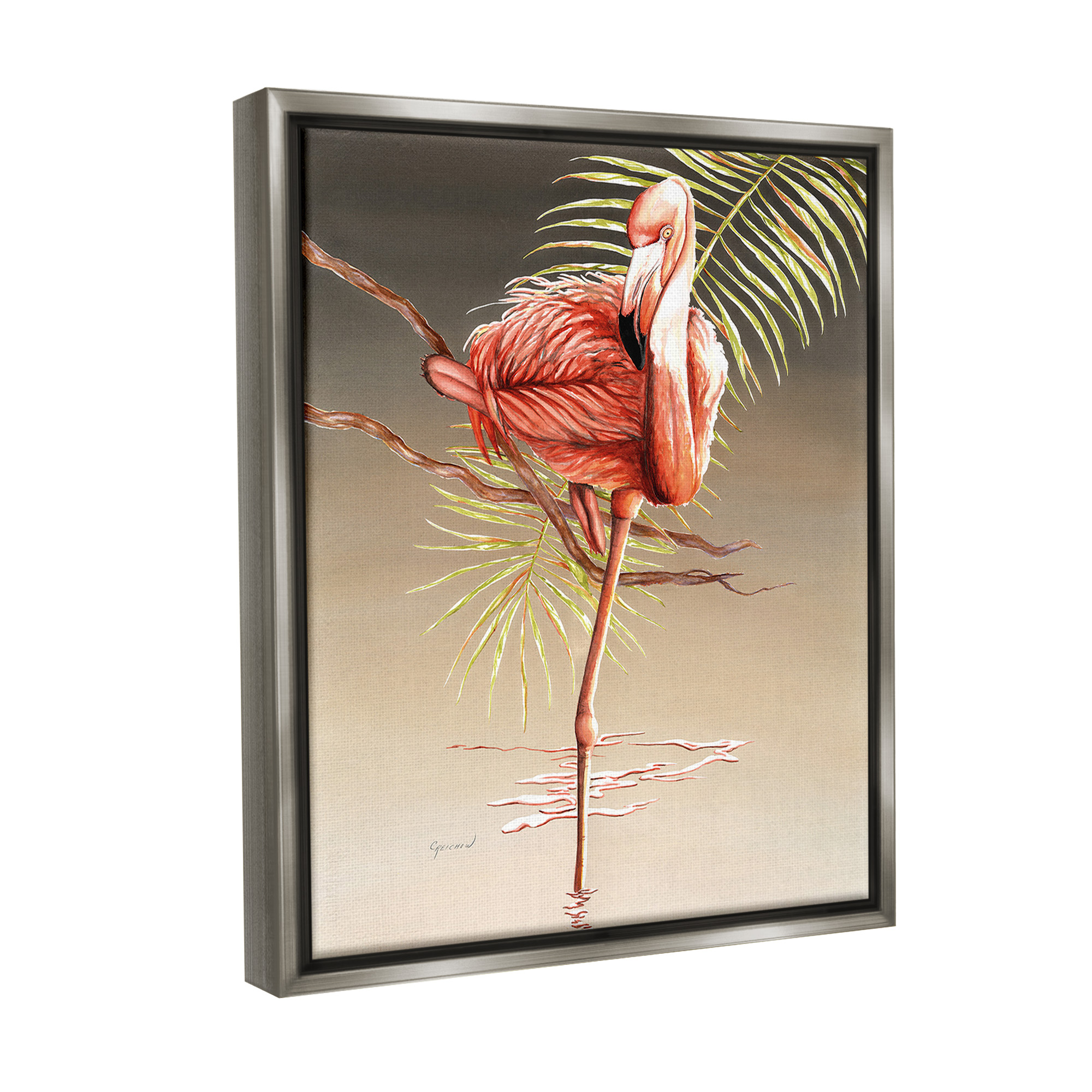 Stupell Industries Flamingo Balancing with Leaf Animals & Insects Painting Gray Floater Framed Canvas Art Print Wall Art, 25 x 31