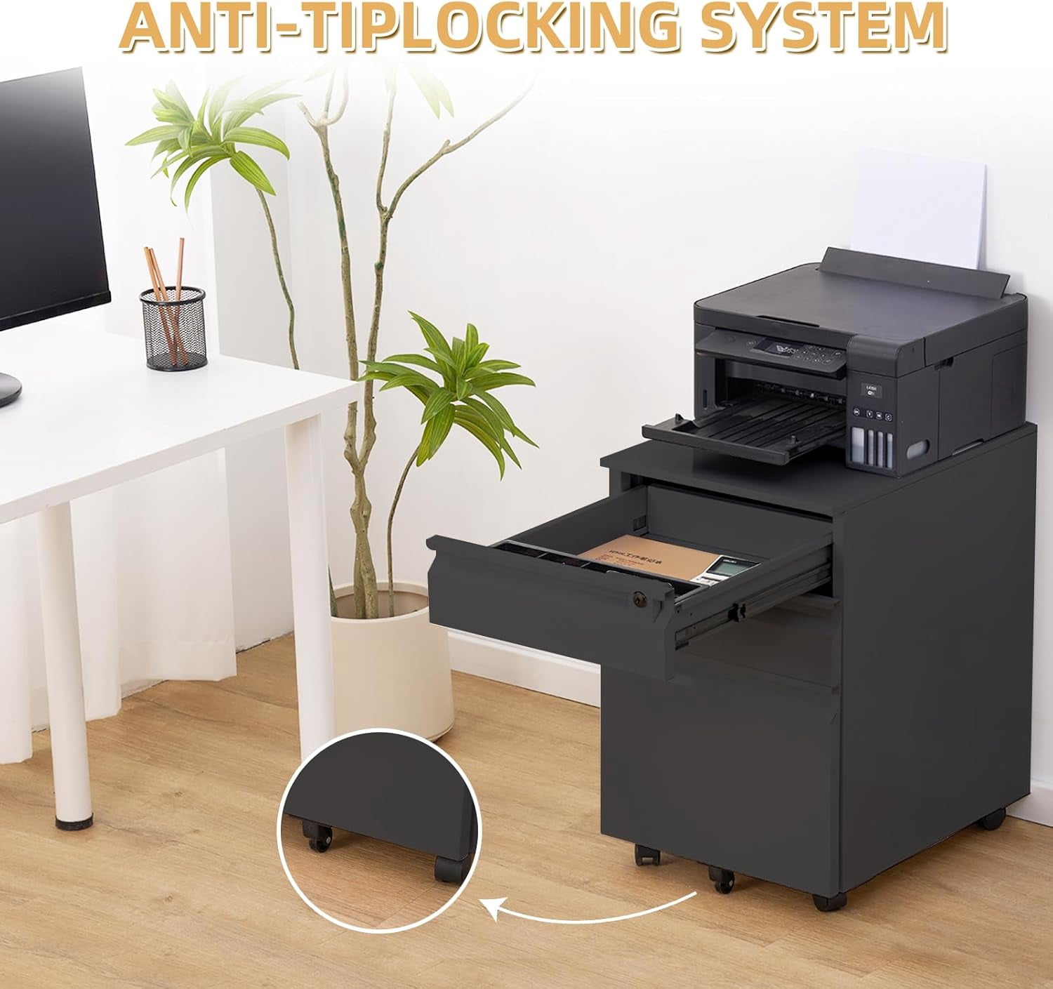 Filing Cabinets for Home Office,Mobile File Cabinet with Lock 3 Drawer Filing Cabinet for A4/Letter/Legal Size Folder (Un-Assembled)
