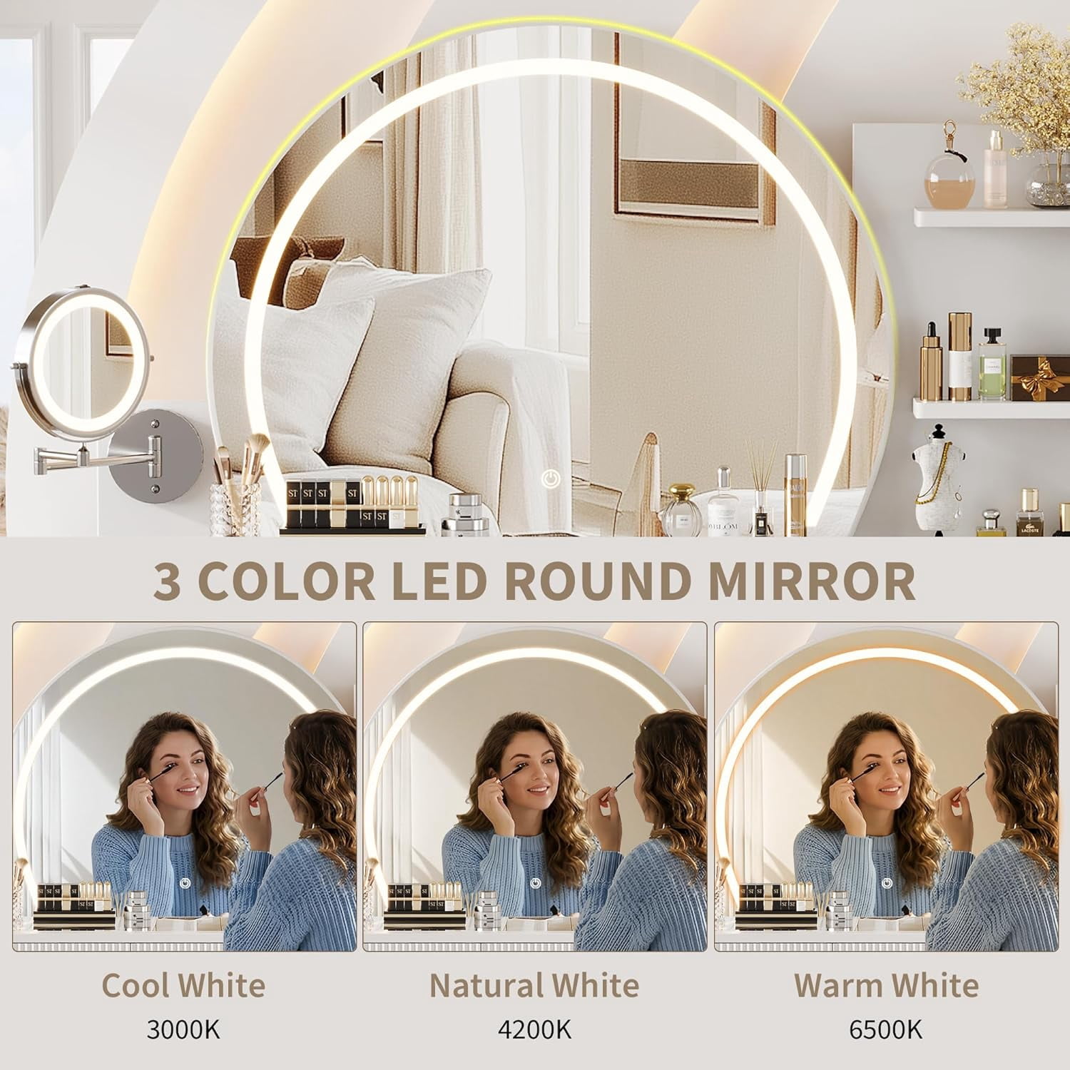 iPormis Makeup Vanity Desk with Round Mirror and Lights, 5x Magnifying Makeup Mirror, Dressing Table w/Power Outlets, Doorshelves & Adjustable Storage,White