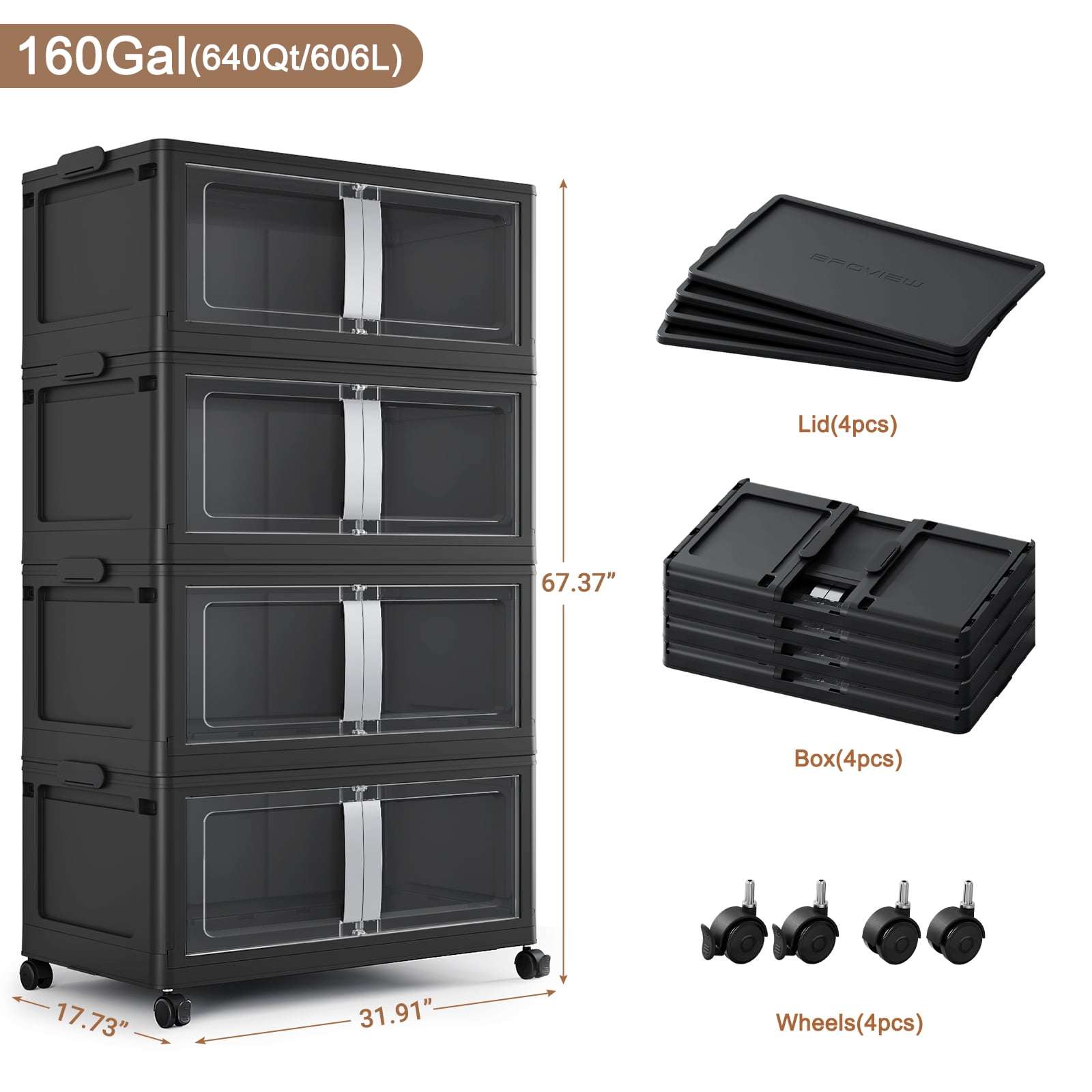 Broview 640Qt Large Stackable Storage Bins with Lids, Plastic Closet Organizers Storage Drawer with Wheels Doors, Toy Clothes Storage Box, Black V70
