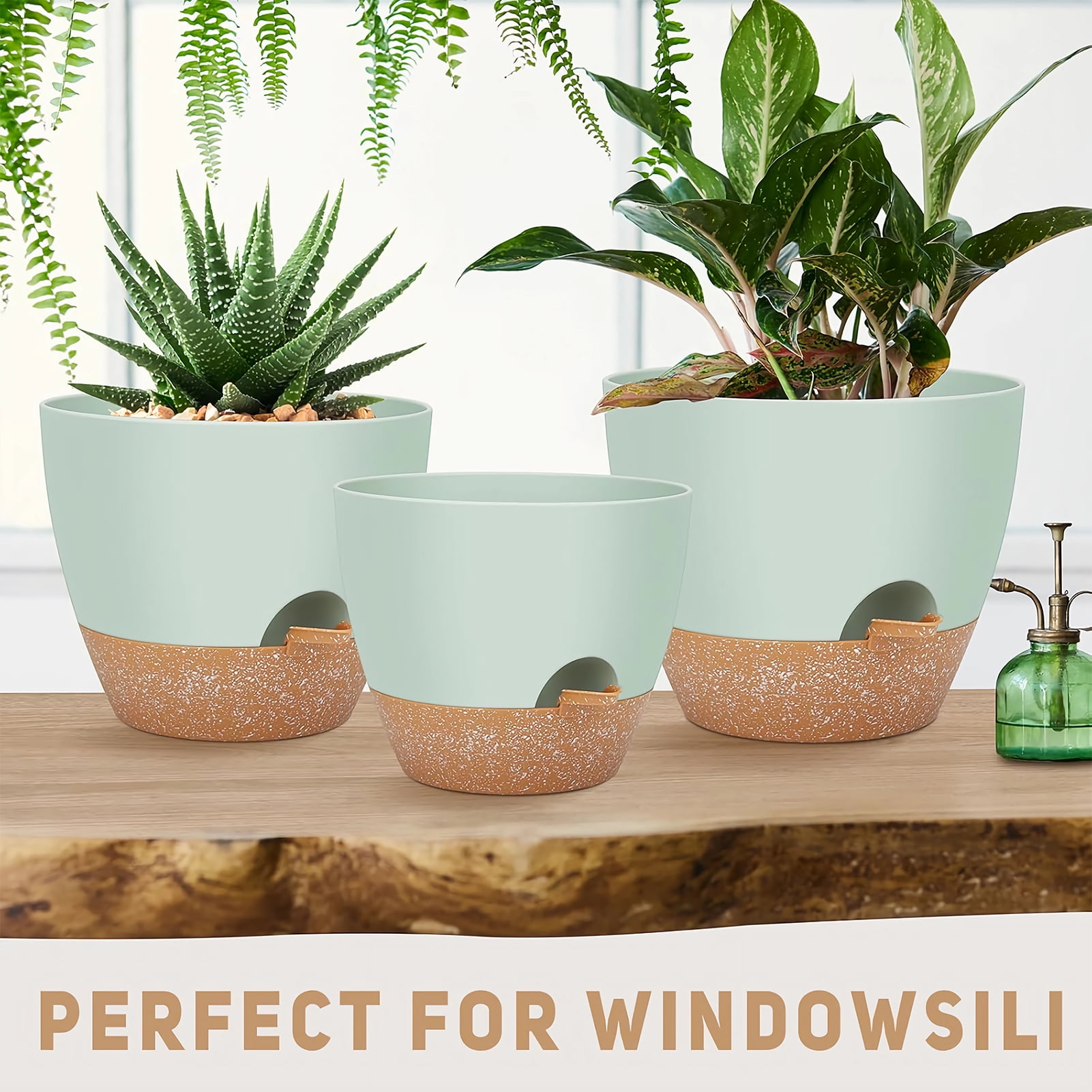 West Bay 12" 10" 9" Large Self Watering Plant Pots, 3 Pack Flower Pots Planters with Multi Mesh Drainage Holes for Indoor Outdoor Garden Plants and Flowers (Green)