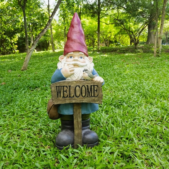 Hi-LIne - Funny Garden Gnome Holding Welcome Sign Statue