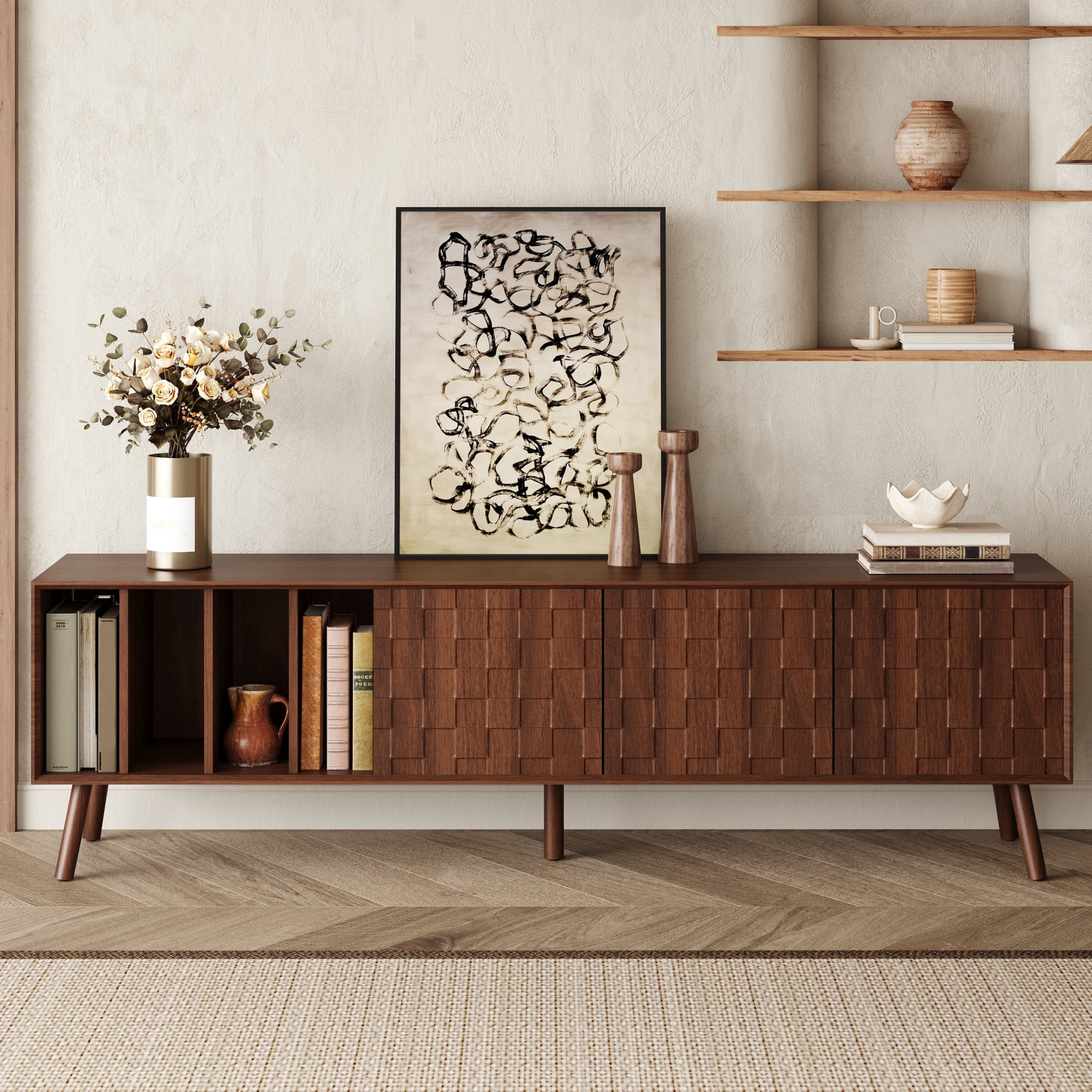 TV Stand for TVs up to 75 Inch, Mid-Century Modern Entertainment Center with 3 Cabinets & 4 Open Shelves, Media Console for Living Room