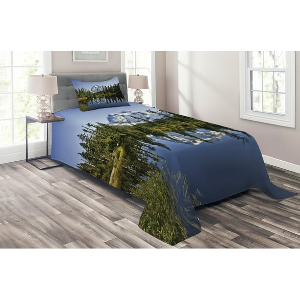 Landscape Coverlet Set Fall Colored Trees And Snowy Mountain Landscape With Crystal Lake Nature Decorative Quilted Bedspread Set With Pillow Shams Included Green Blue White By Ambesonne Walmart Com Walmart Com