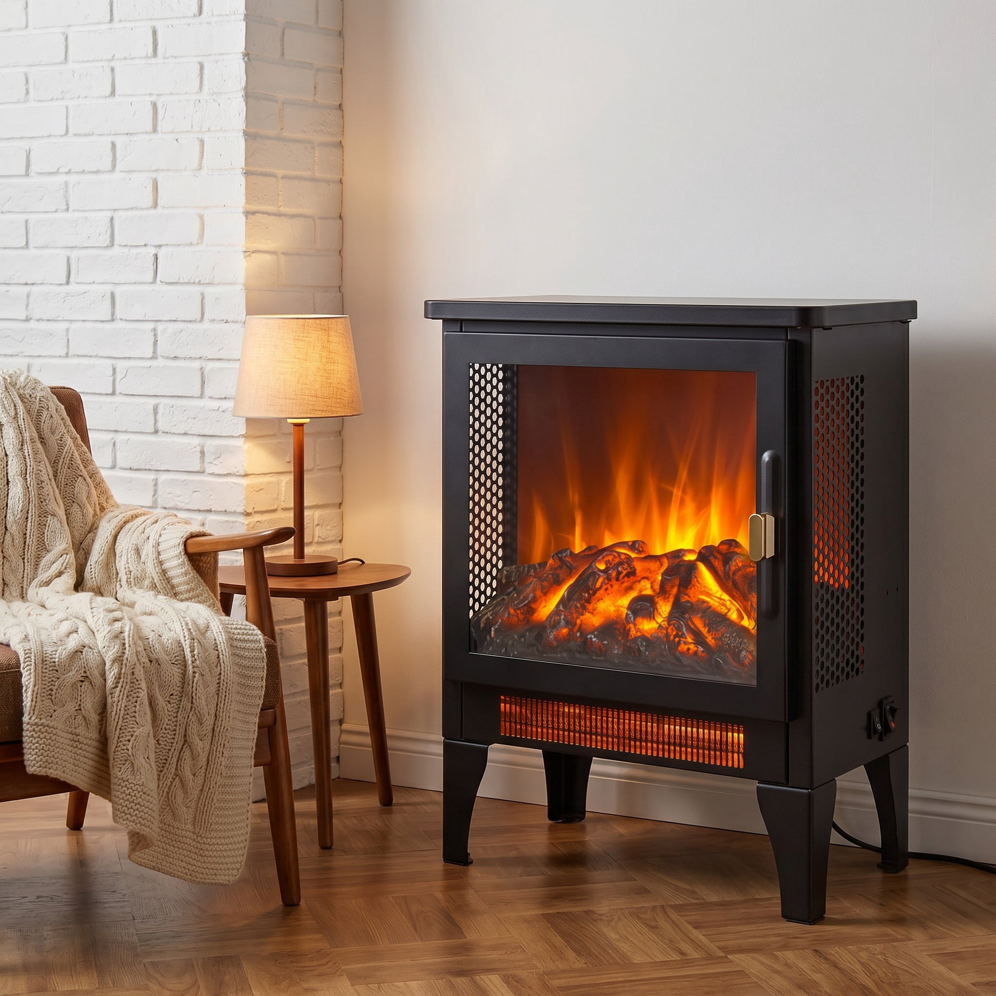 17" Freestanding Electric Fireplace Stove Heater with 3D Flame Effect, Black