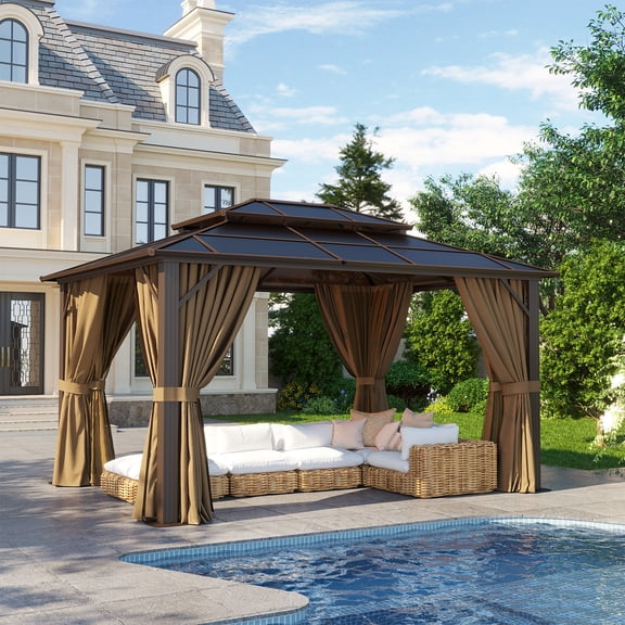 Clouddwell 10'x12' Hardtop Gazebo - Polycarbonate Double Roof with Netting & Curtains for Patio, Garden Sun Protection,Brown