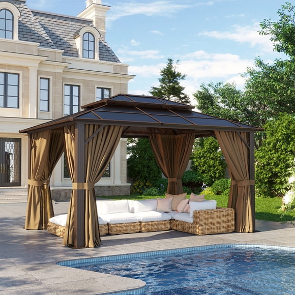 Clouddwell 10'x12' Hardtop Gazebo - Polycarbonate Double Roof with Netting & Curtains for Patio, Garden Sun Protection,Brown