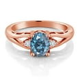 thumbnail image 2 of Gem Stone King 18K Rose Gold Plated Silver Persian Blue Moissanite and White Lab Grown Diamond 3 Stone Engagement Ring for Women | 1.46 Cttw | Oval 8X6MM | Round 2MM | Gemstone Birthstone | Size 8, 2 of 4