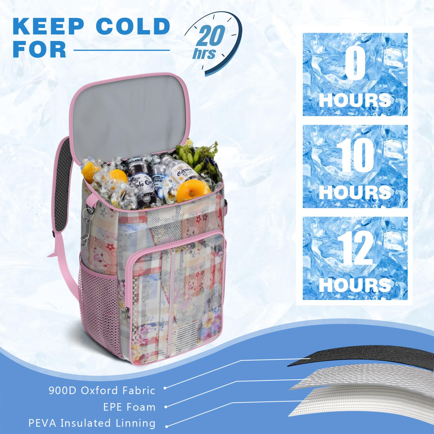 Travel Cooler Bag - Pioneer Flower Floral Print Pattern Camping Beer Cooler Backpack with Bottle Opener- Waterproof Insulated Picnic Backpacks - Cooler Bag for Beach