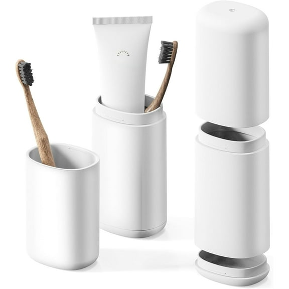 2Pack Travel Toothbrush Case, Portable Tooth Brush Holder and Toothpaste Cover Container with Mouthwash Cup(White)