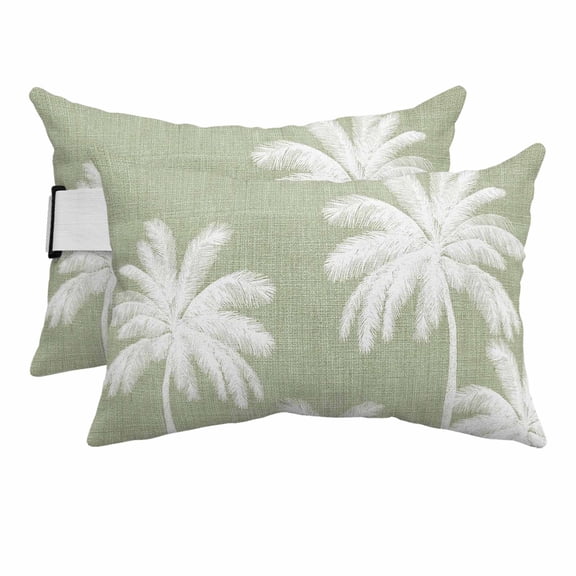 Outdoor Lumbar Pillows with Strap & Insert Tropical Palm Trees Recliner Head Pillow Pack of 2 Sage Green Linen Coastal Waterproof Headrest Patio Lounge Chair Pillows for Beach Office 11x16 Inch