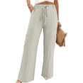 thumbnail image 2 of Nhthy Women's Solid Summer Drawstring Waist Cargo Pants Wide Leg Casual Loose Fit Trousers White L, 2 of 6