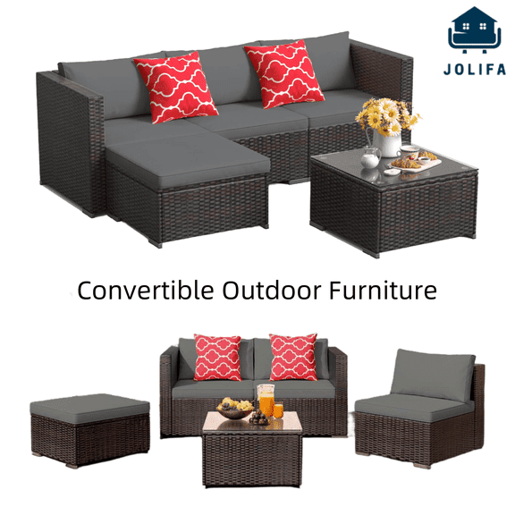 5 Pieces Patio Furniture Set,Jolifa Outdoor Sectional Furniture Set for Patio|Garden|Backyard, Grey